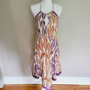 FREE PEOPLE Halter Beige Purple Gold Astract Print Key Hole Dress Size Medium